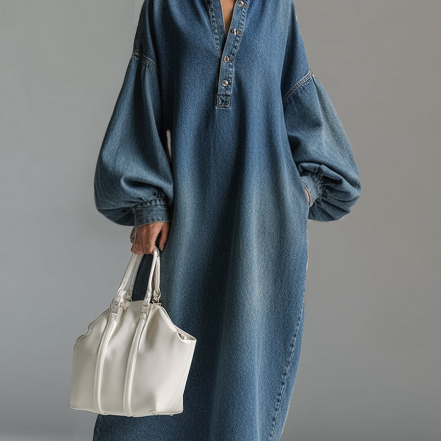 Amelia | Women's Oversized Denim Balloon Sleeve Maxi Dress