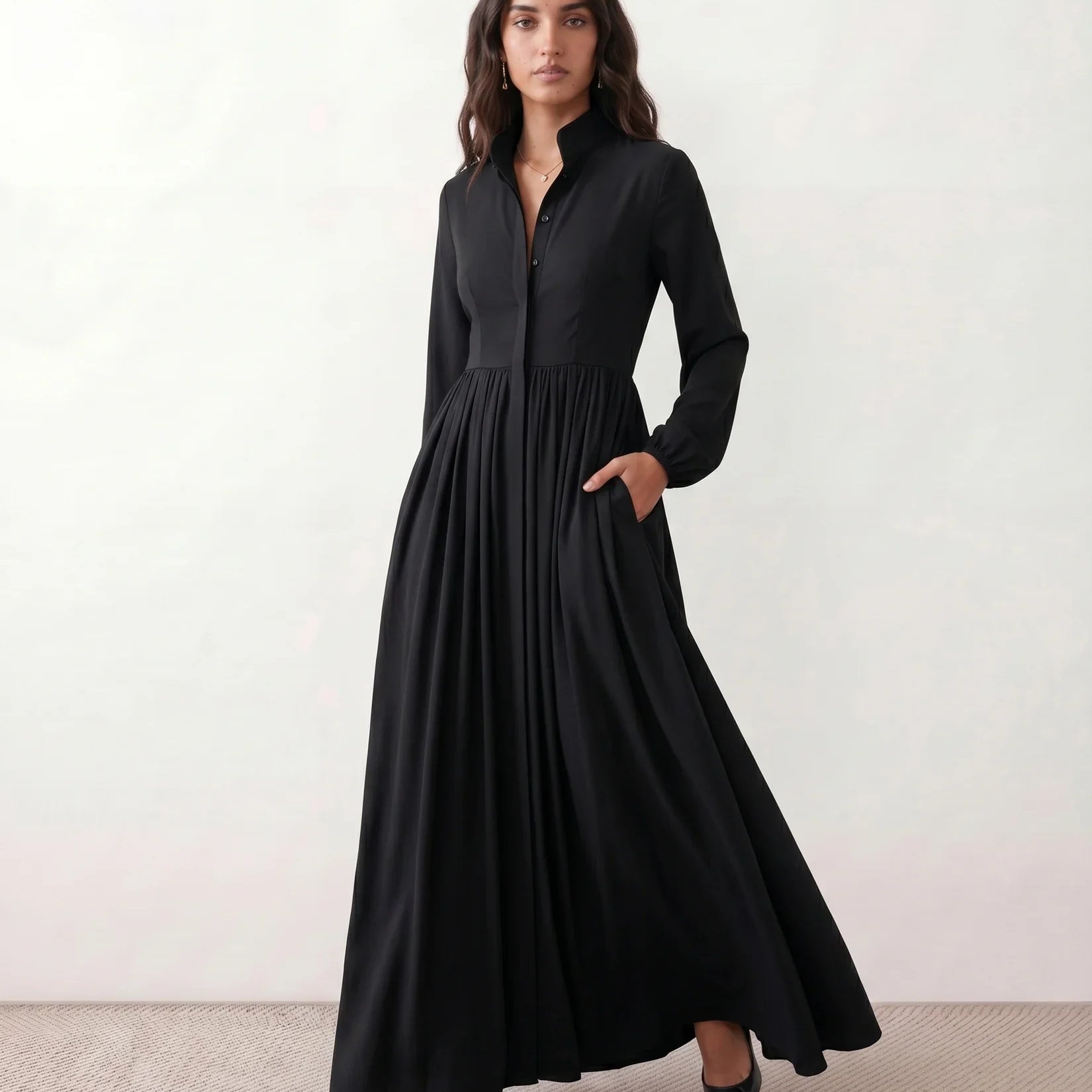 Katherine | Pintuck Shirt Maxi Dress Long Sleeve