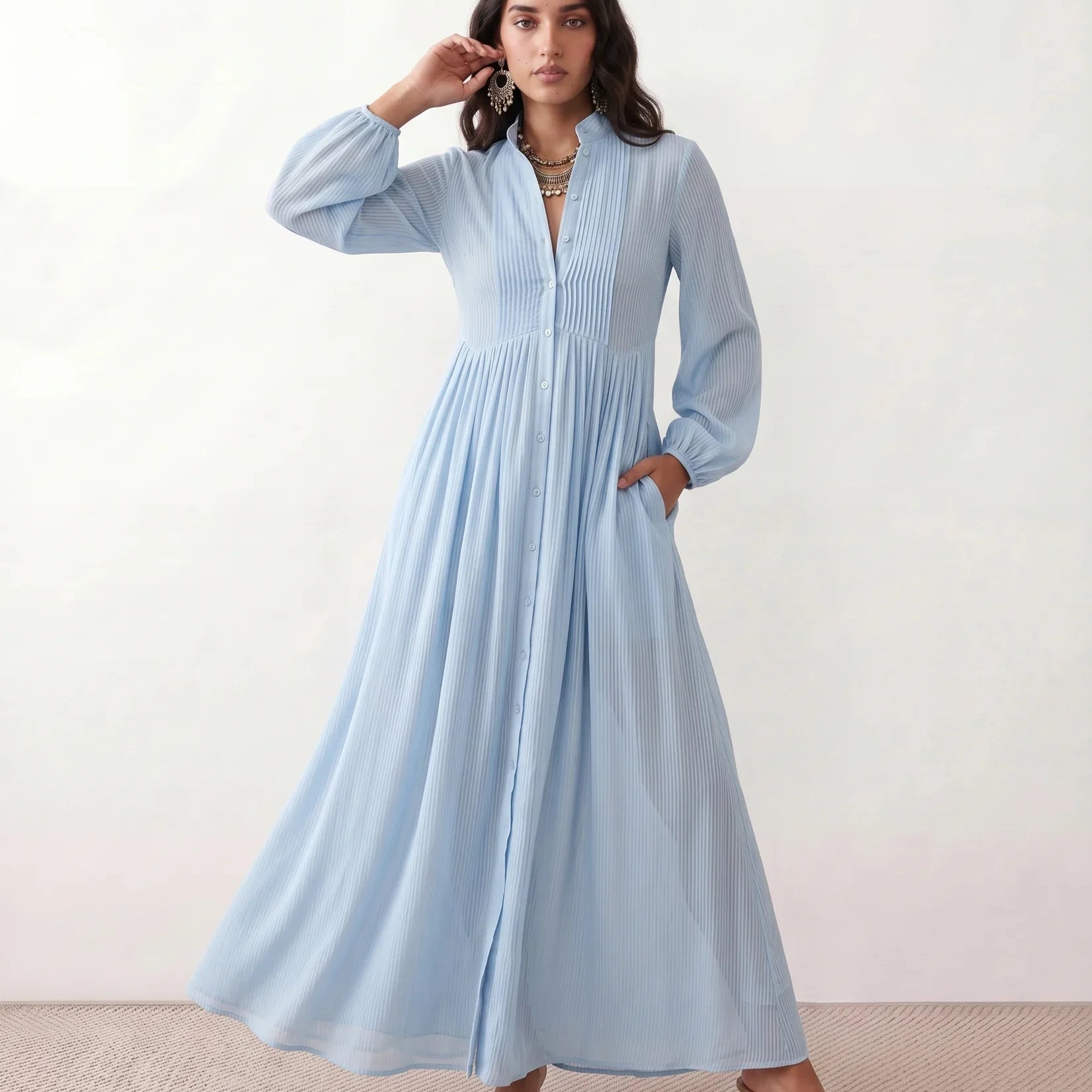Katherine | Pintuck Shirt Maxi Dress Long Sleeve