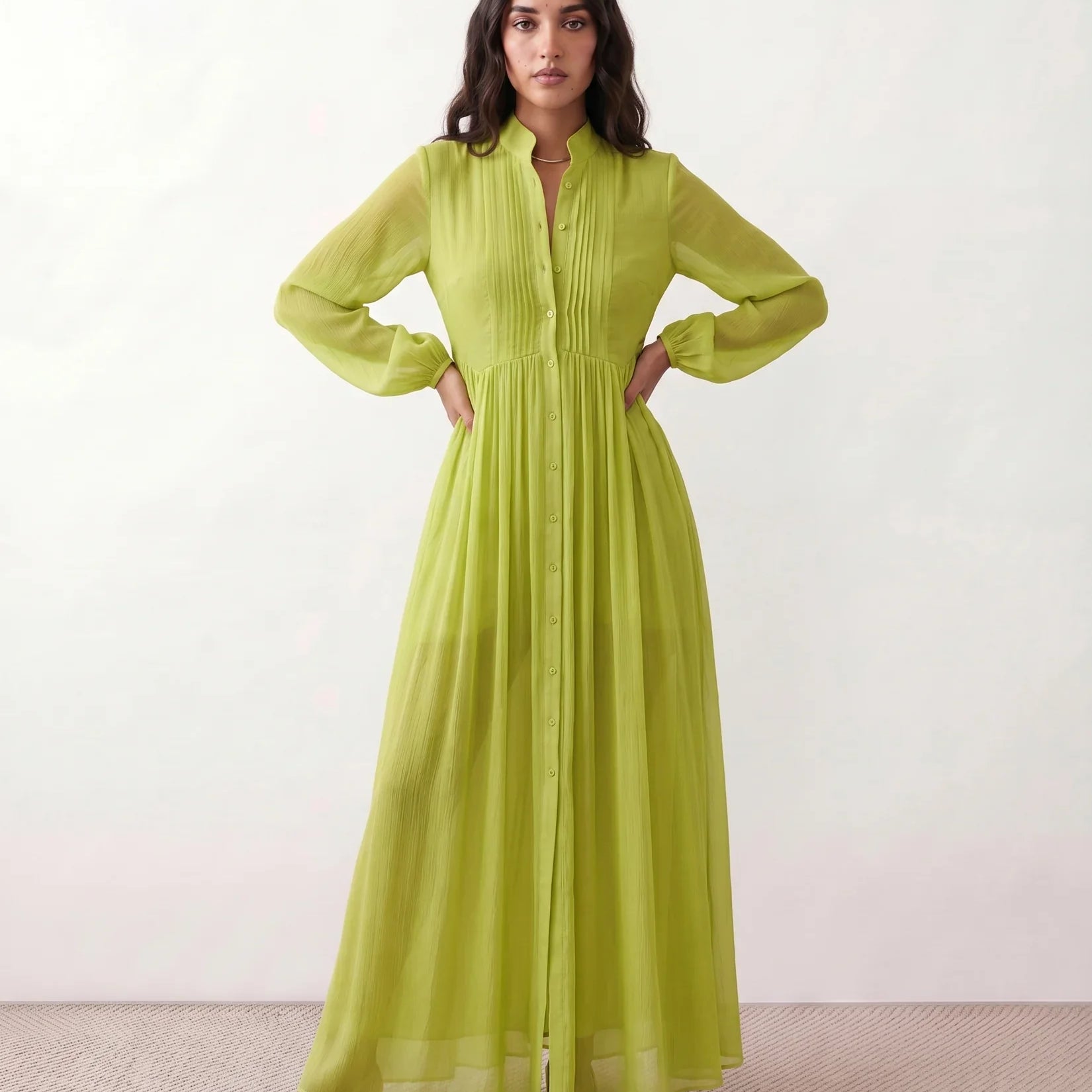 Katherine | Pintuck Shirt Maxi Dress Long Sleeve