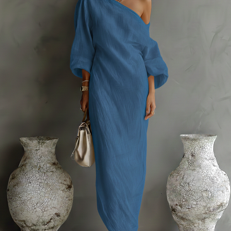 Éabha | Women's Textured Linen One-Shoulder Balloon Sleeve Maxi Dress