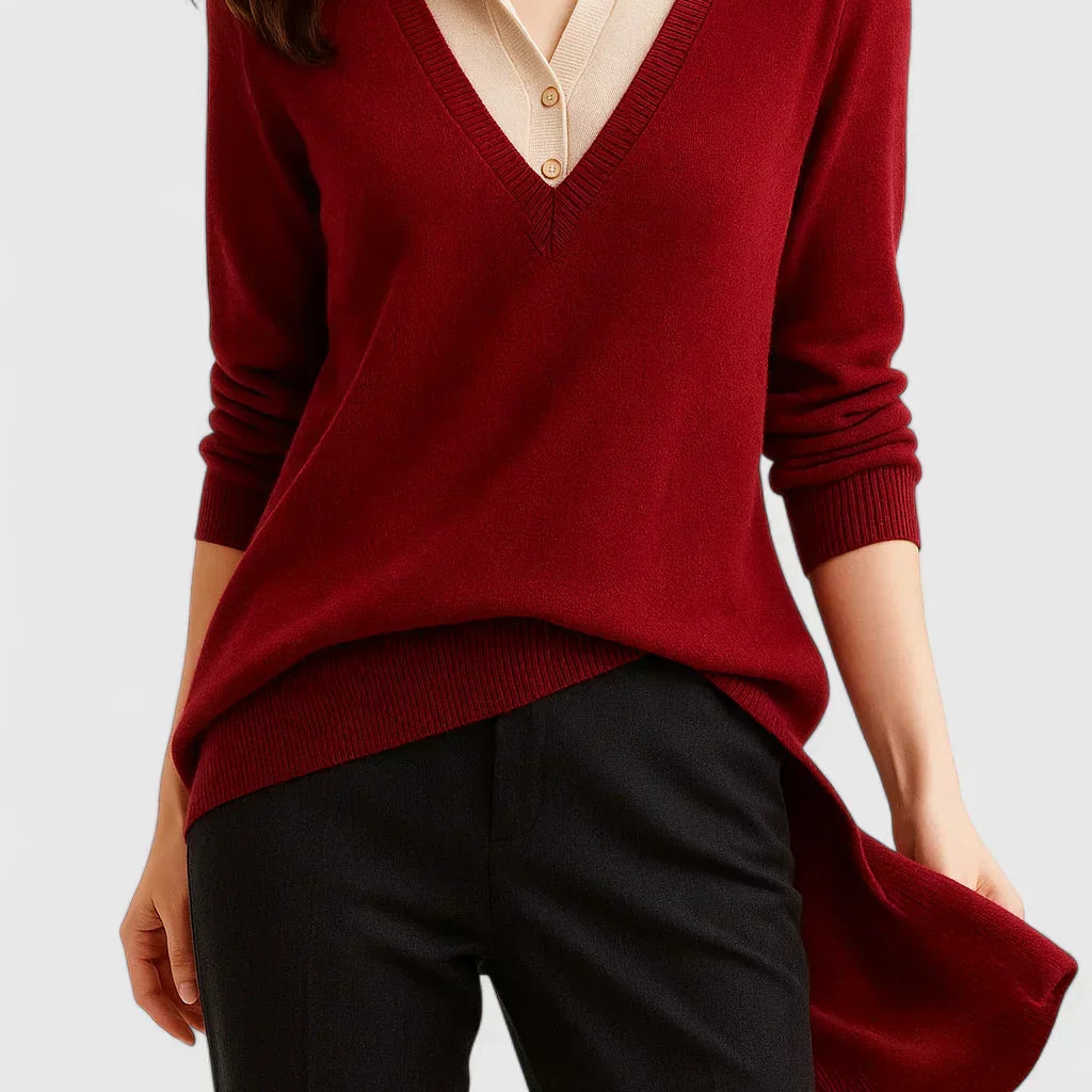 Marie | Women's Contrast Collar V-Neck Knit Sweater