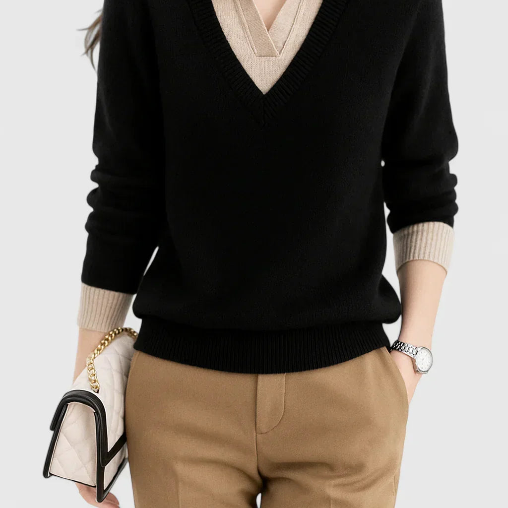 Marie | Women's Contrast Collar V-Neck Knit Sweater