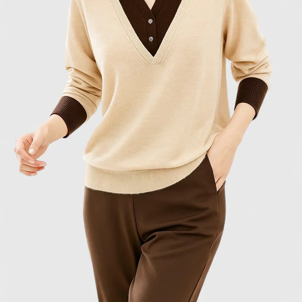 Marie | Women's Contrast Collar V-Neck Knit Sweater