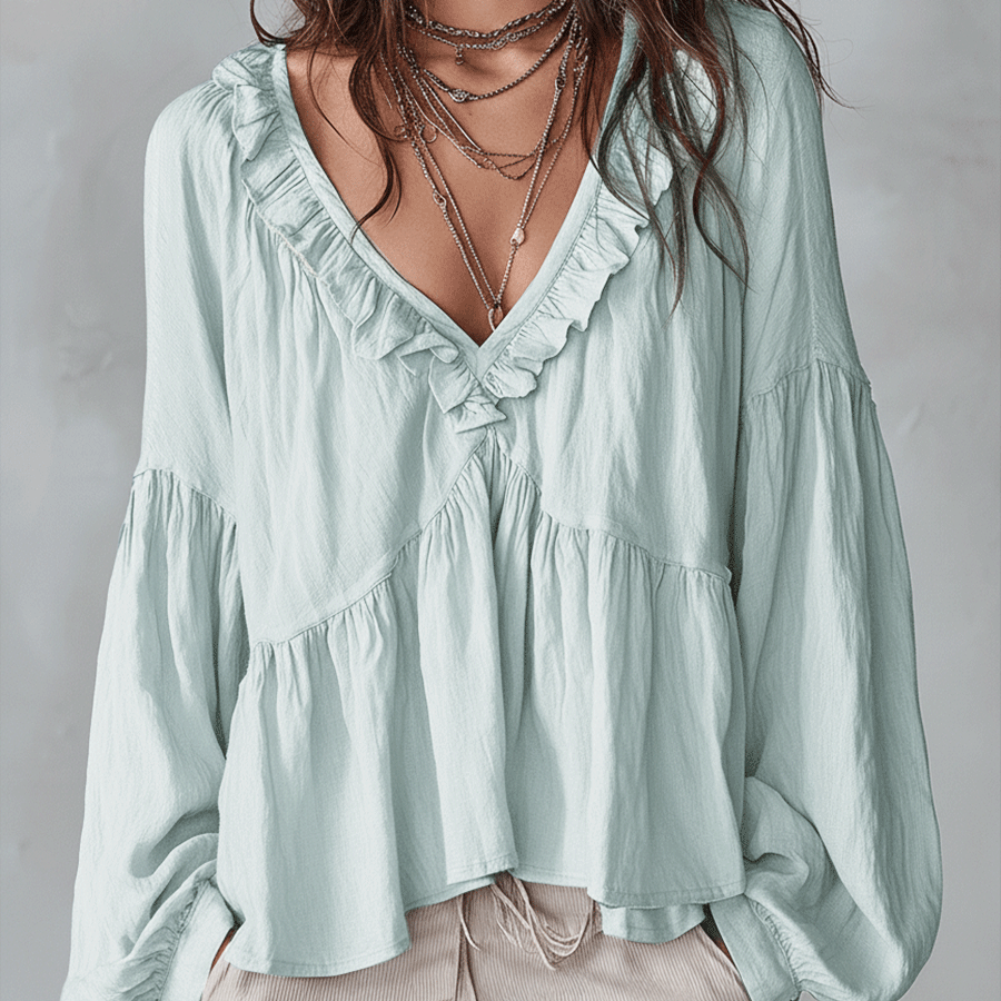 Marielle | Women's Ruffle V Neck Blouse Balloon Sleeve Tiered