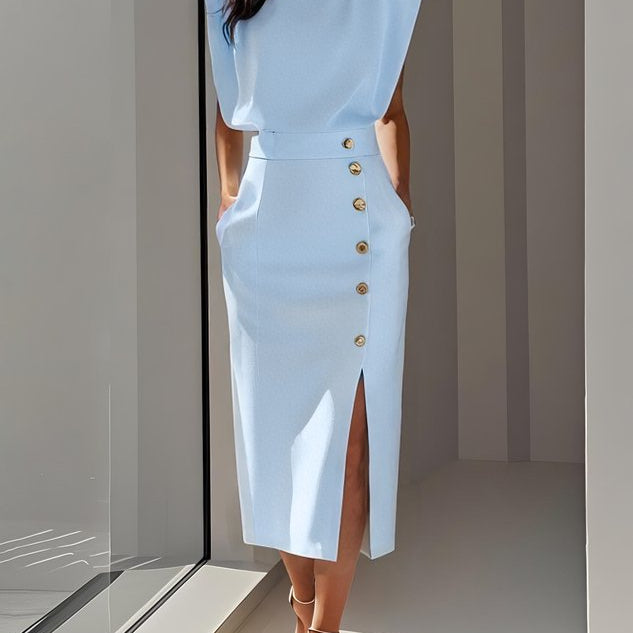 Muireann | Structured Shoulder Midi Dress – Office & Formal