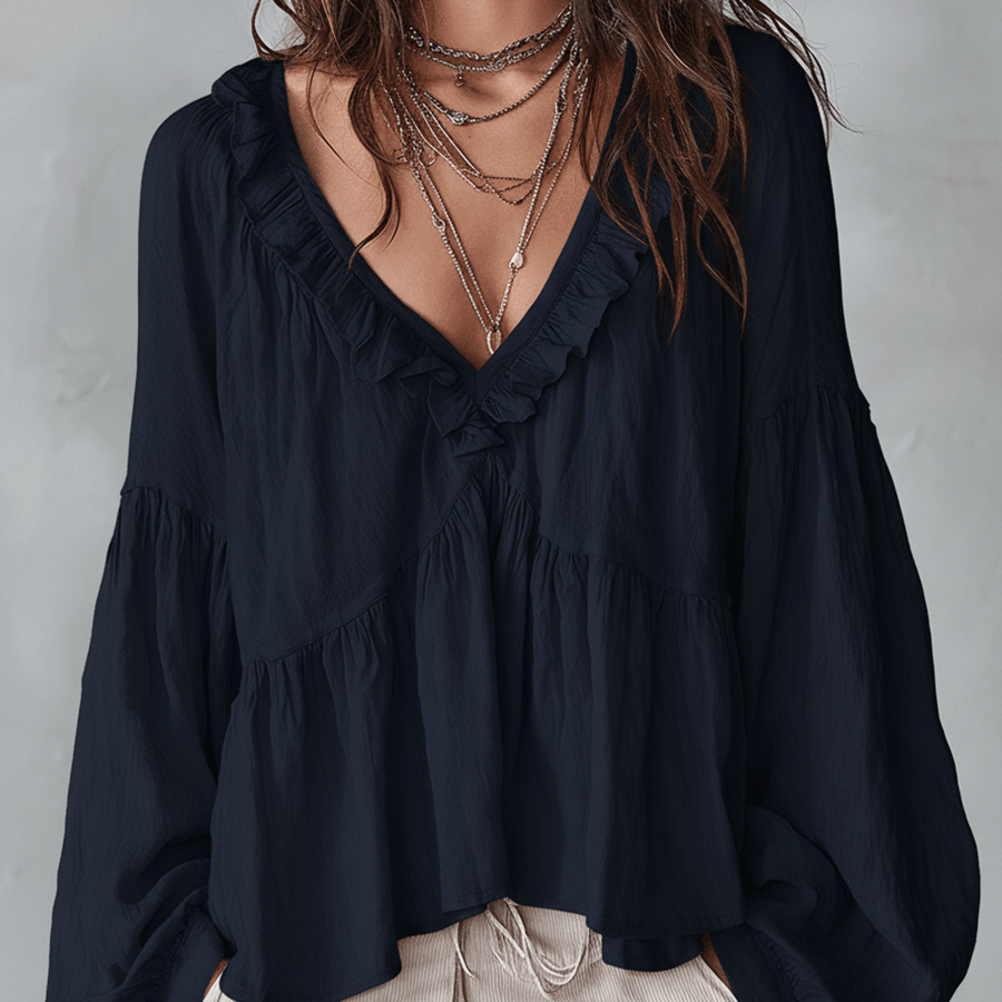 Marielle | Women's Ruffle V Neck Blouse Balloon Sleeve Tiered