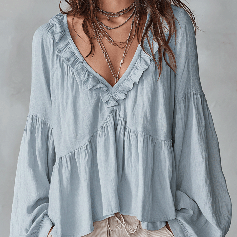 Marielle | Women's Ruffle V Neck Blouse Balloon Sleeve Tiered