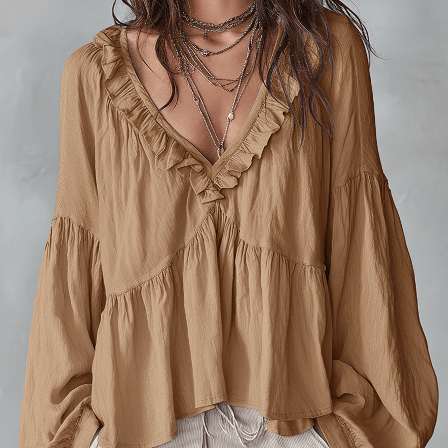 Marielle | Women's Ruffle V Neck Blouse Balloon Sleeve Tiered