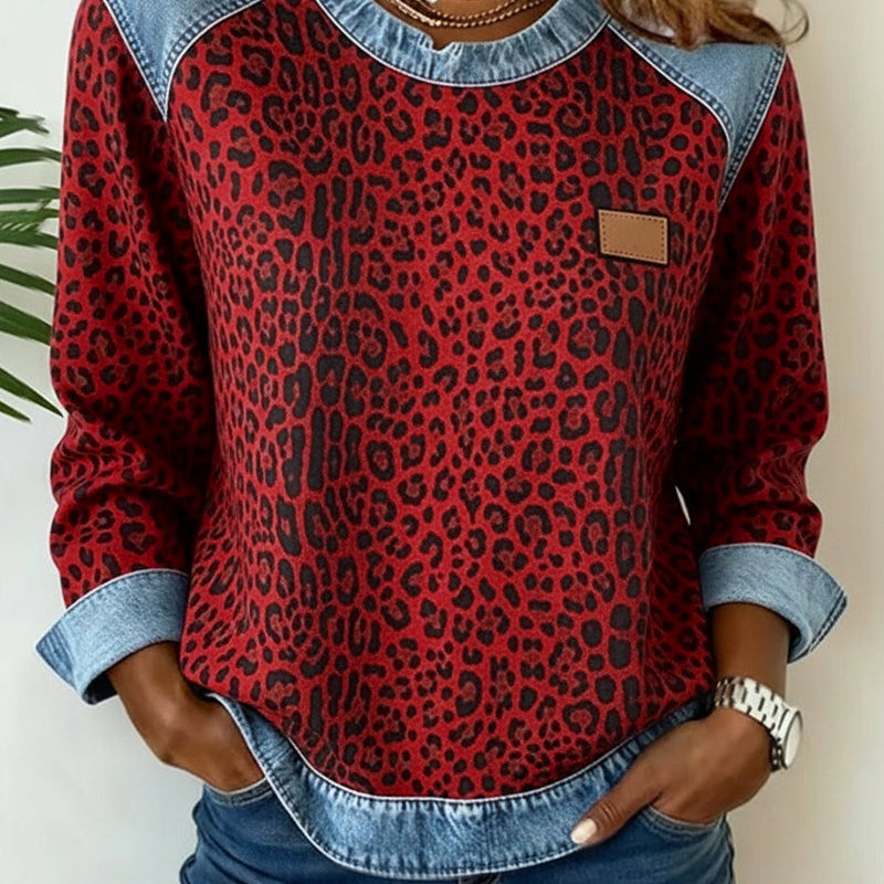 Harlow | Women's Leopard Print Sweatshirt with Denim Contrast Trim
