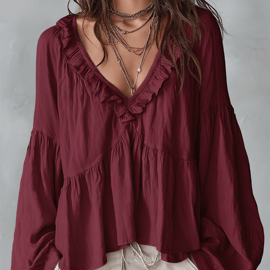 Marielle | Women's Ruffle V Neck Blouse Balloon Sleeve Tiered