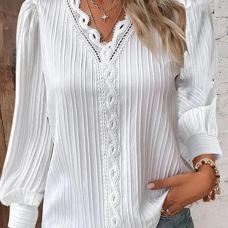 Sylvestra | Women's Crochet Trim Pleated Blouse V Neck