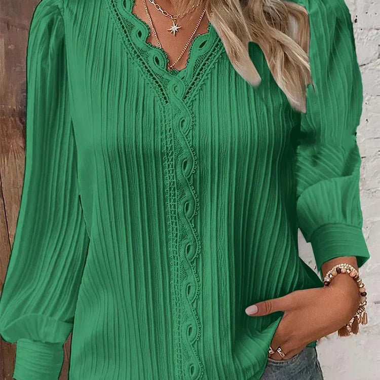Sylvestra | Women's Crochet Trim Pleated Blouse V Neck