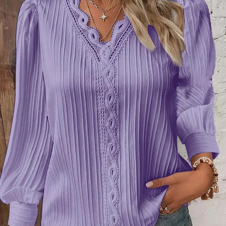 Sylvestra | Women's Crochet Trim Pleated Blouse V Neck
