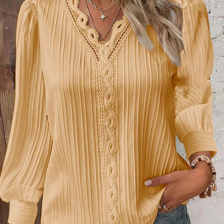 Sylvestra | Women's Crochet Trim Pleated Blouse V Neck