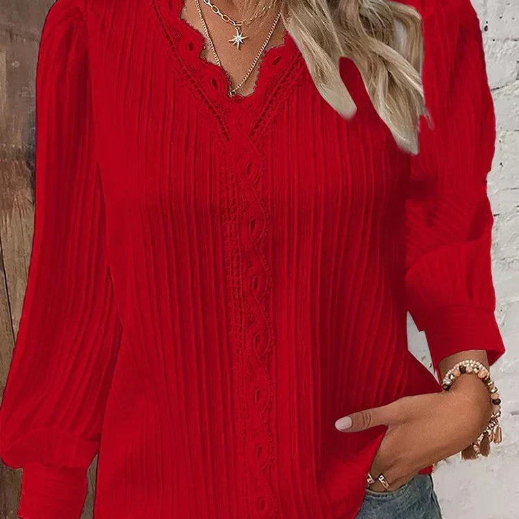 Sylvestra | Women's Crochet Trim Pleated Blouse V Neck