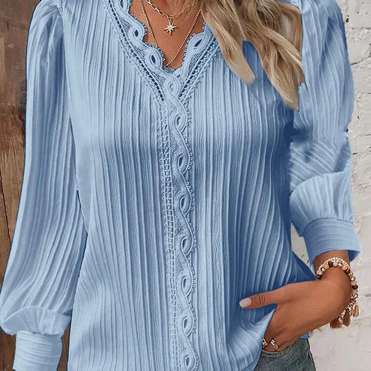 Sylvestra | Women's Crochet Trim Pleated Blouse V Neck