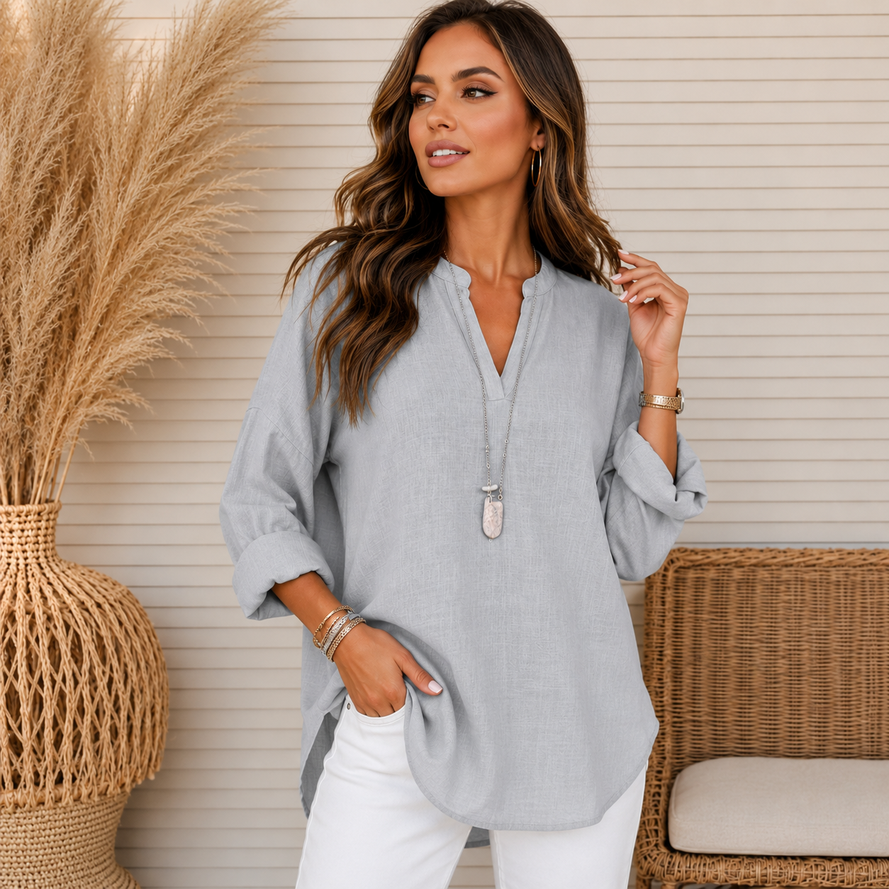 Marigold | Split Neck Linen Blouse