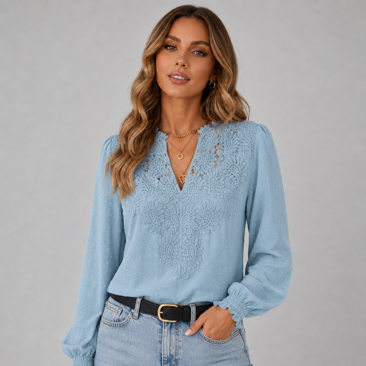 Eulalia | Crochet Trim V Neck Blouse