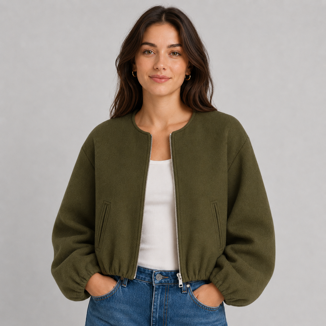 Auden | Women's Wool Bomber Jacket with Round Neck