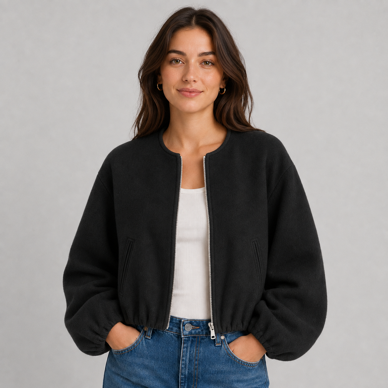 Auden | Women's Wool Bomber Jacket with Round Neck