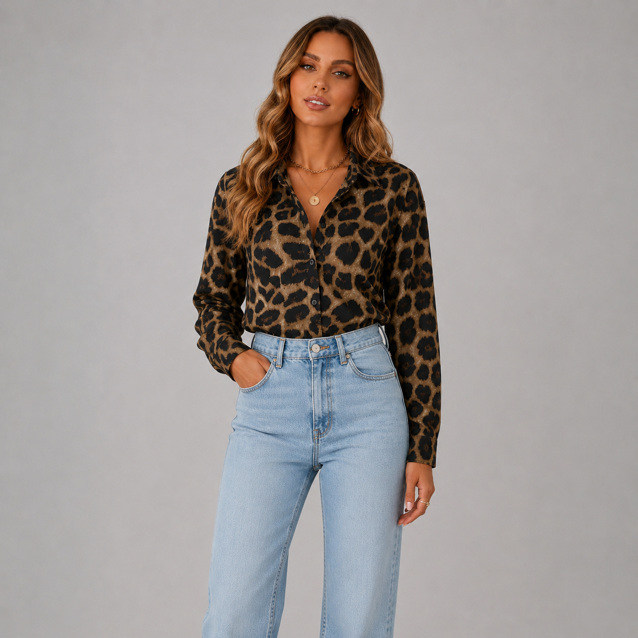 Griselda |  V-Neck Leopard Print Button Blouse