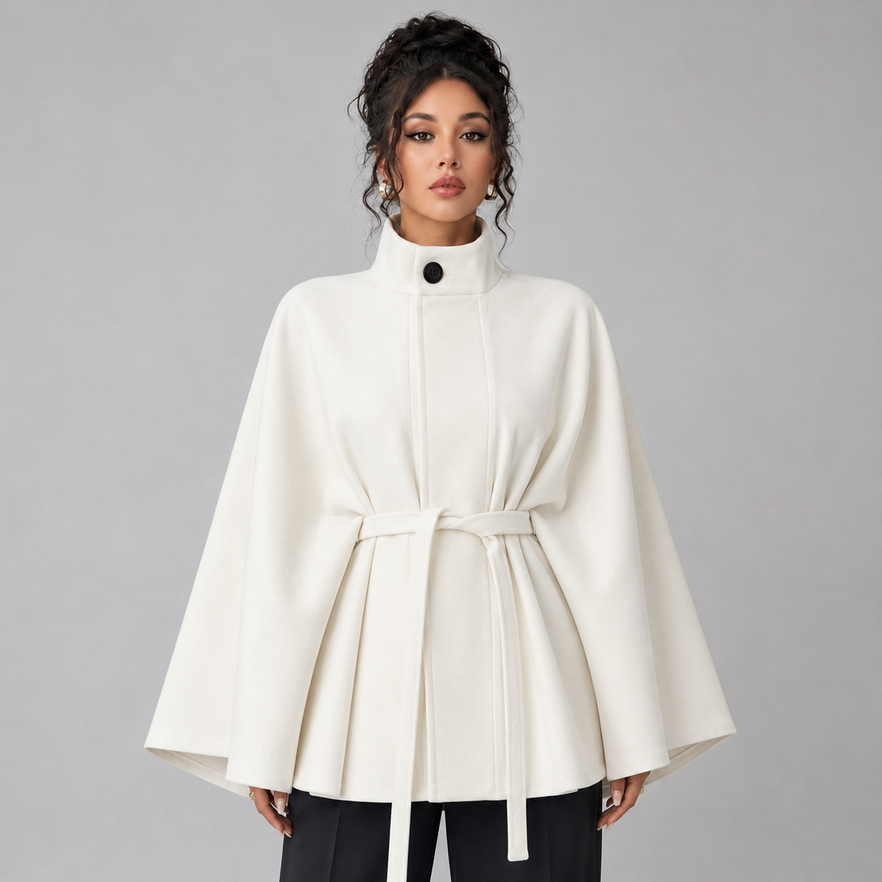 Averie | Women's Belted Wool Cape with Stand Collar
