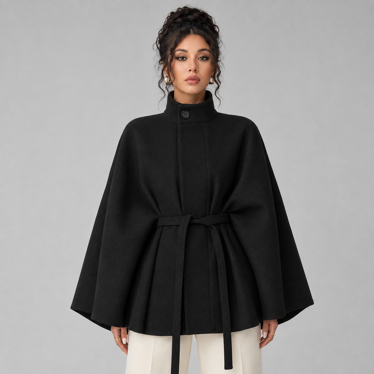 Averie | Women's Belted Wool Cape with Stand Collar