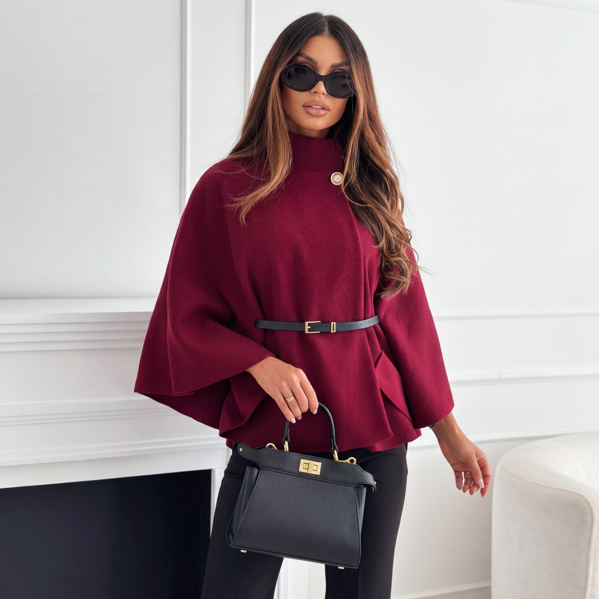 Fenwick | Women's Herringbone Wool Cape Stand Collar Belt