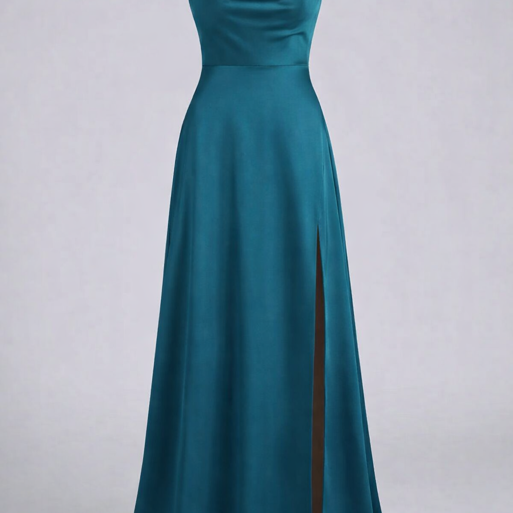 Lasairfhíona | Satin Cowl Neck Maxi Dress Spaghetti Straps Slit – Prom, Bridesmaid & Formal