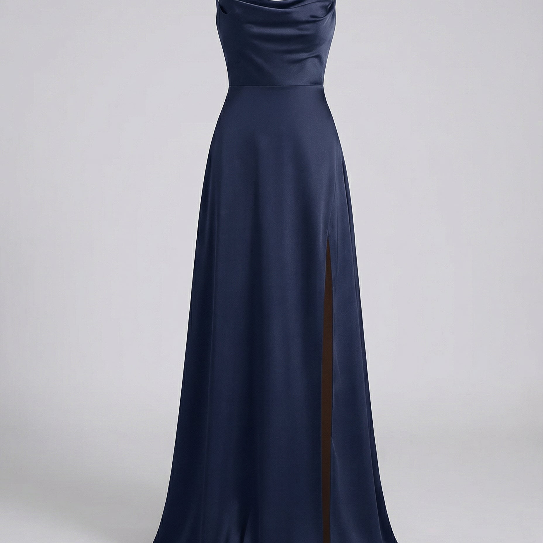 Lasairfhíona | Satin Cowl Neck Maxi Dress Spaghetti Straps Slit – Prom, Bridesmaid & Formal
