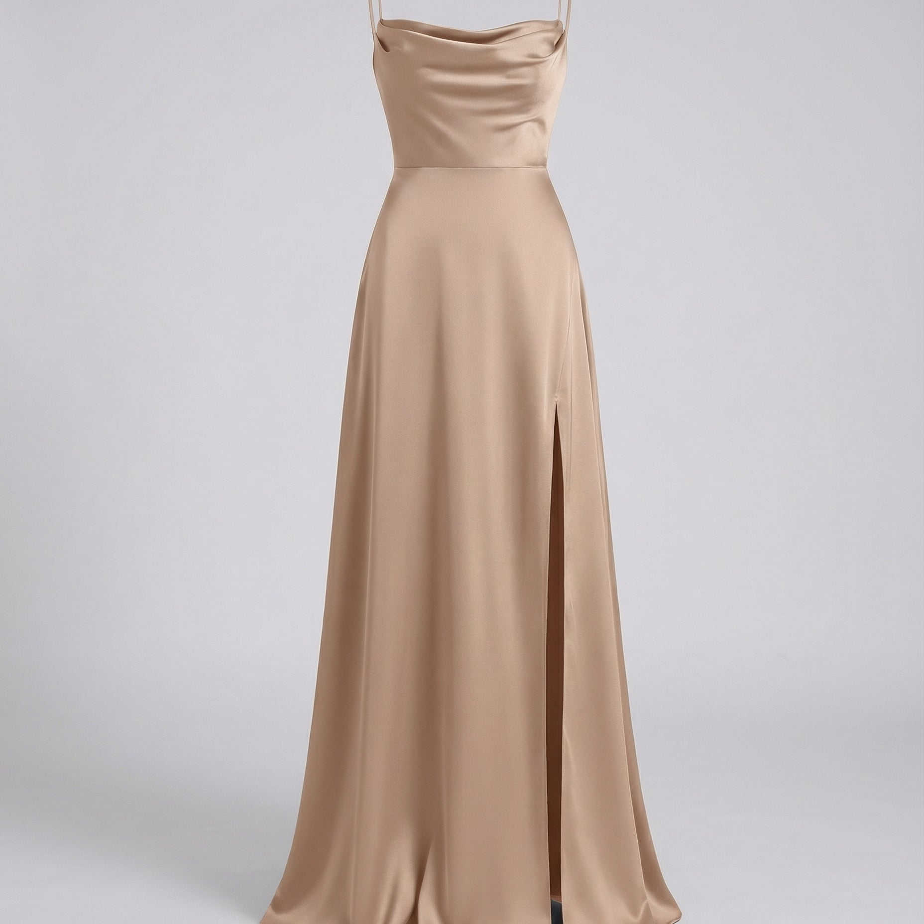 Lasairfhíona | Satin Cowl Neck Maxi Dress Spaghetti Straps Slit – Prom, Bridesmaid & Formal