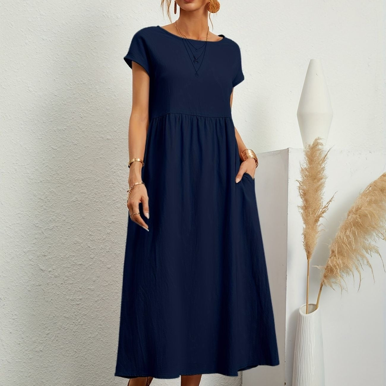 Bríd | Cotton Linen Maxi Dress Short Sleeve Pockets – Casual Summer & Everyday