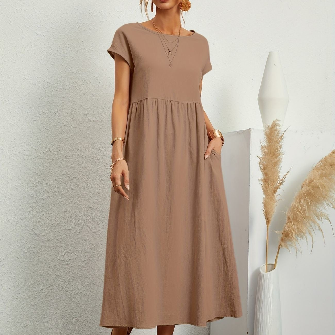Bríd | Cotton Linen Maxi Dress Short Sleeve Pockets – Casual Summer & Everyday