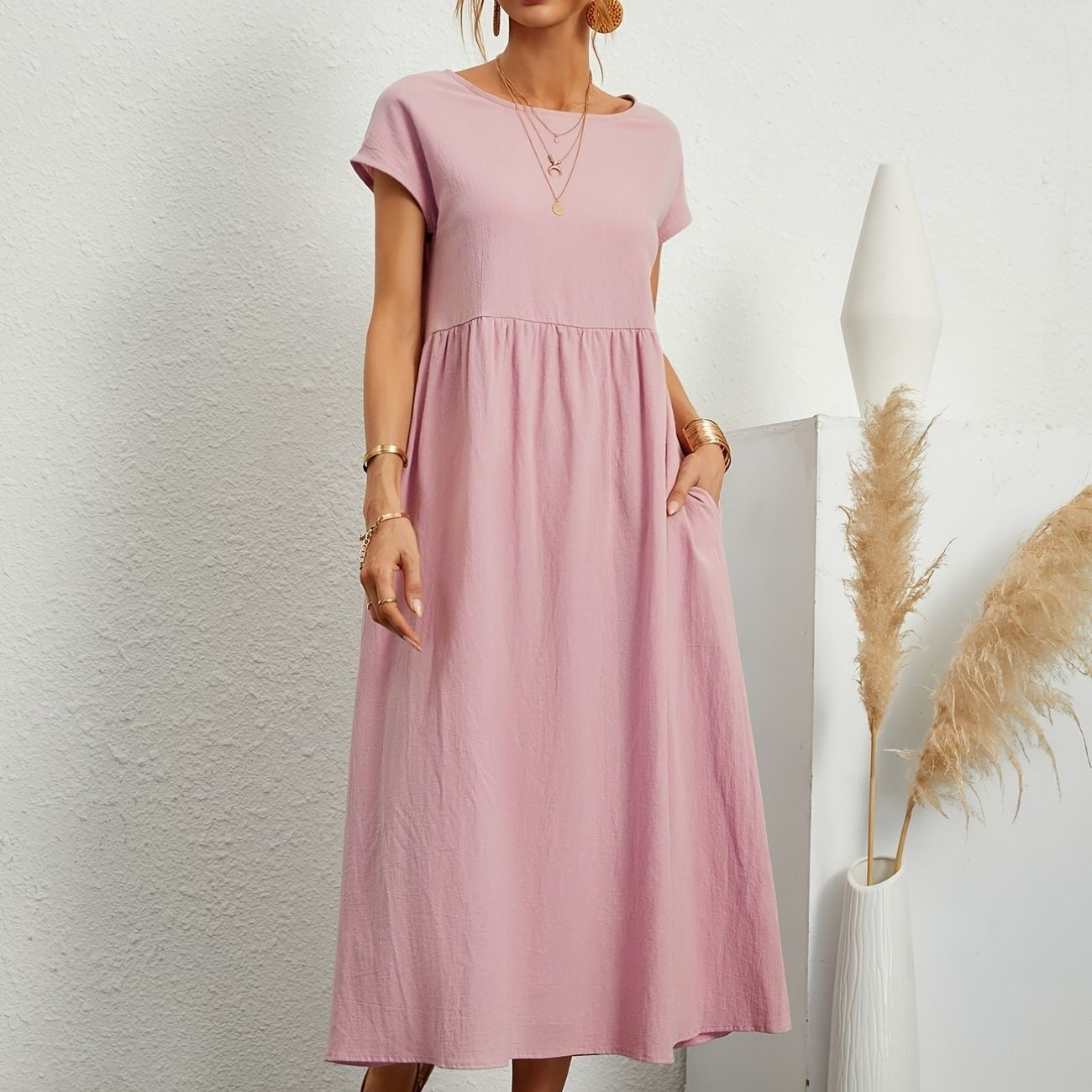 Bríd | Cotton Linen Maxi Dress Short Sleeve Pockets – Casual Summer & Everyday