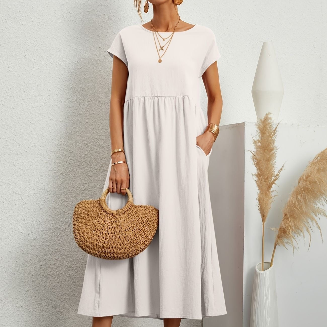 Bríd | Cotton Linen Maxi Dress Short Sleeve Pockets – Casual Summer & Everyday