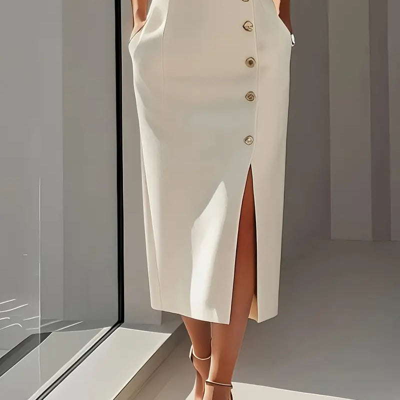 Muireann | Structured Shoulder Midi Dress – Office & Formal