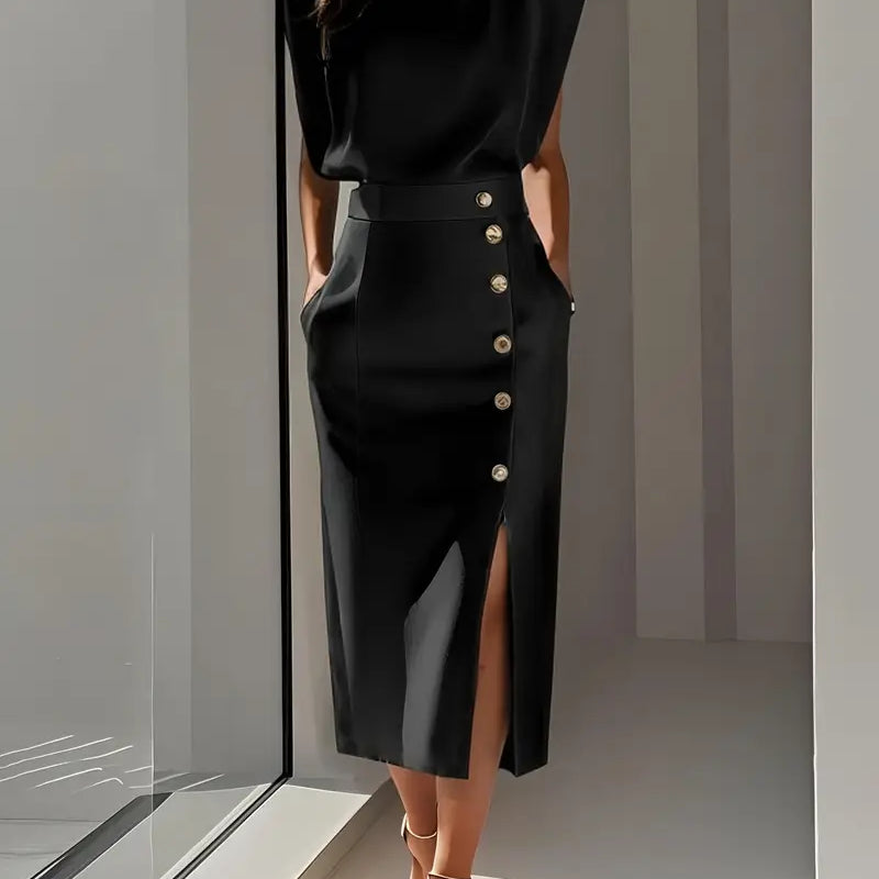 Muireann | Structured Shoulder Midi Dress – Office & Formal