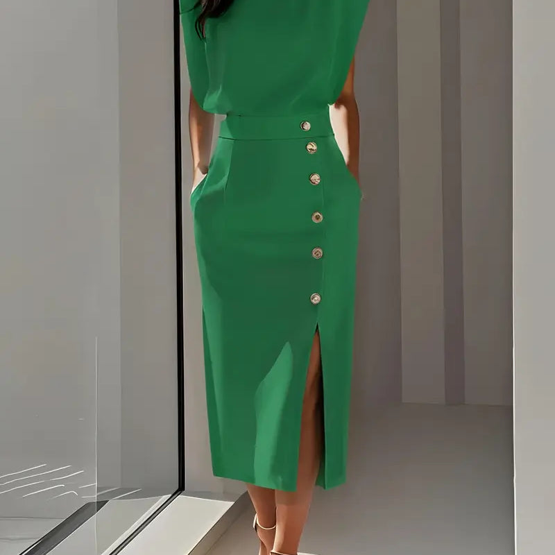 Muireann | Structured Shoulder Midi Dress – Office & Formal