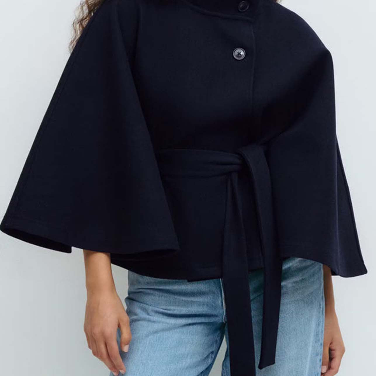 Thea | Women's Belted Wool Cape Coat with Stand Collar