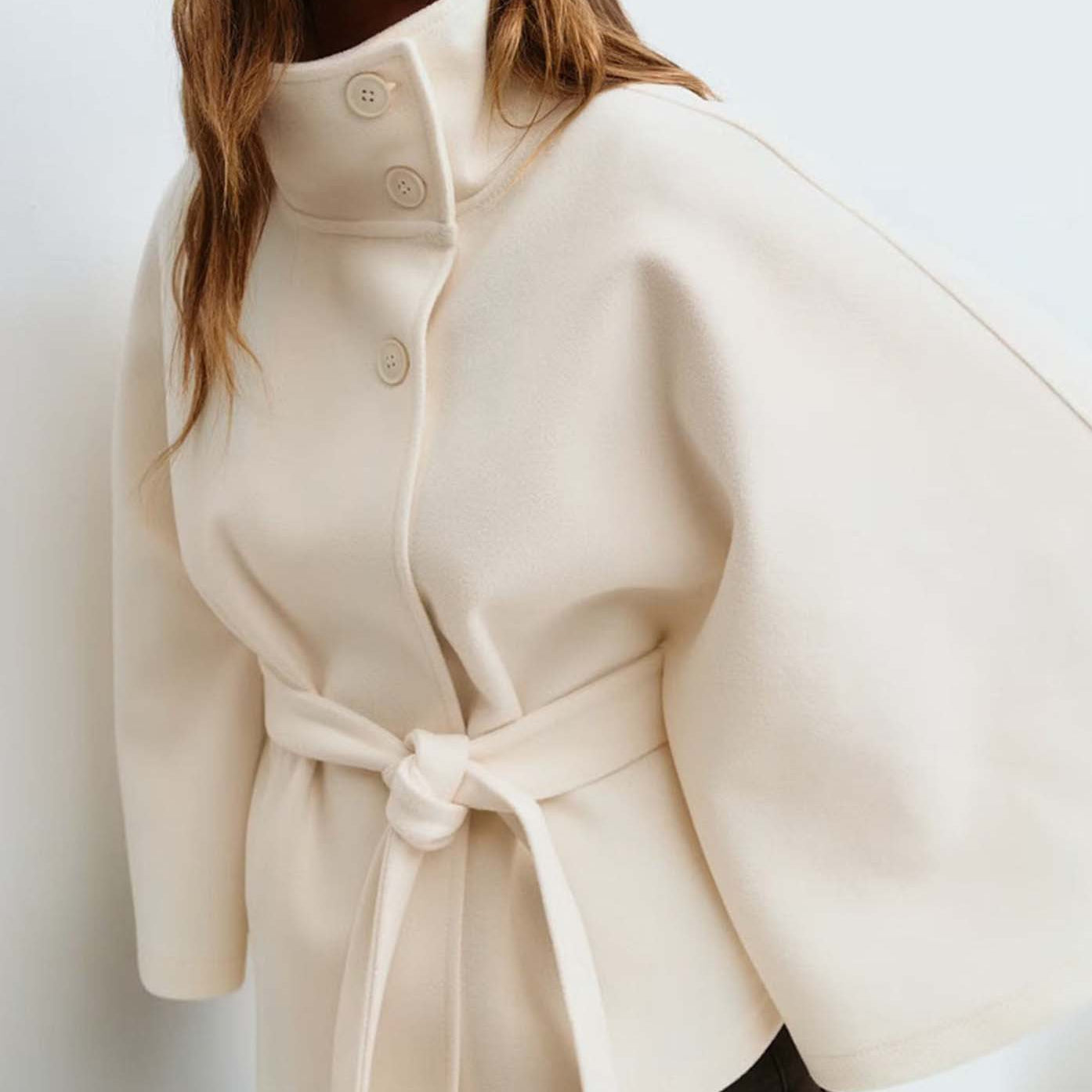 Thea | Women's Belted Wool Cape Coat with Stand Collar