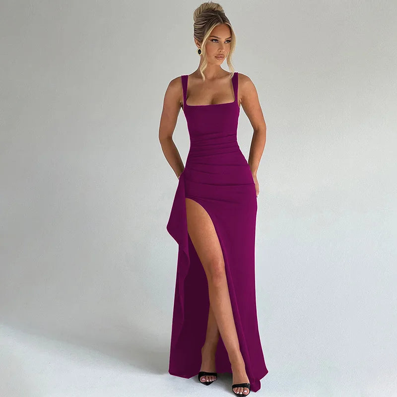 Eithne | Ruched Maxi Dress High Slit Square Neck – Prom, Formal & Evening
