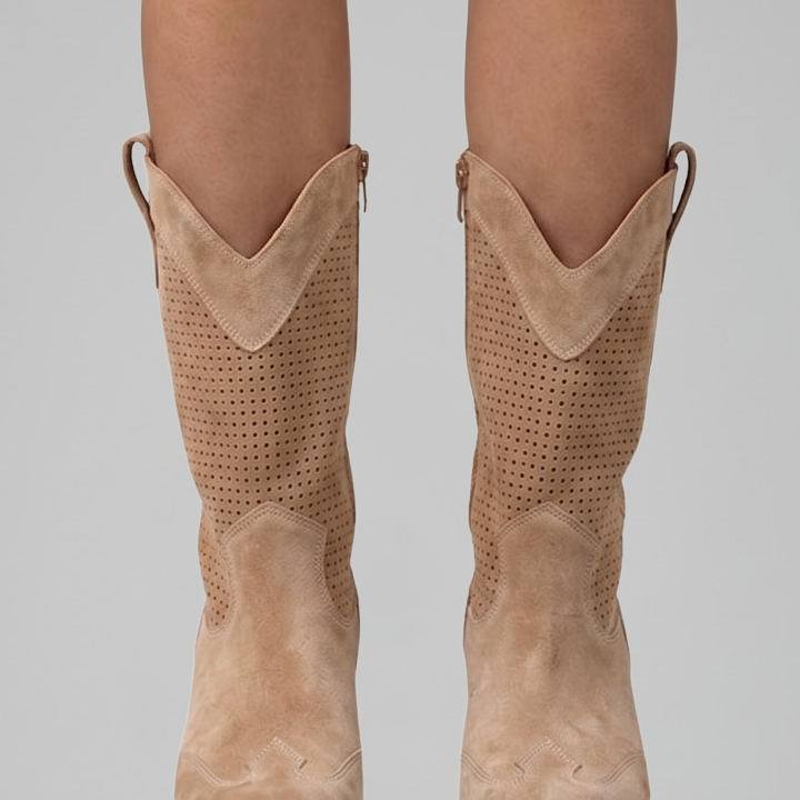 Thomasina | Perforated Suede Western Mid-Calf Boot