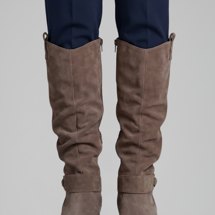 Sierra | Suede Slouch Knee High Boots Buckle Strap