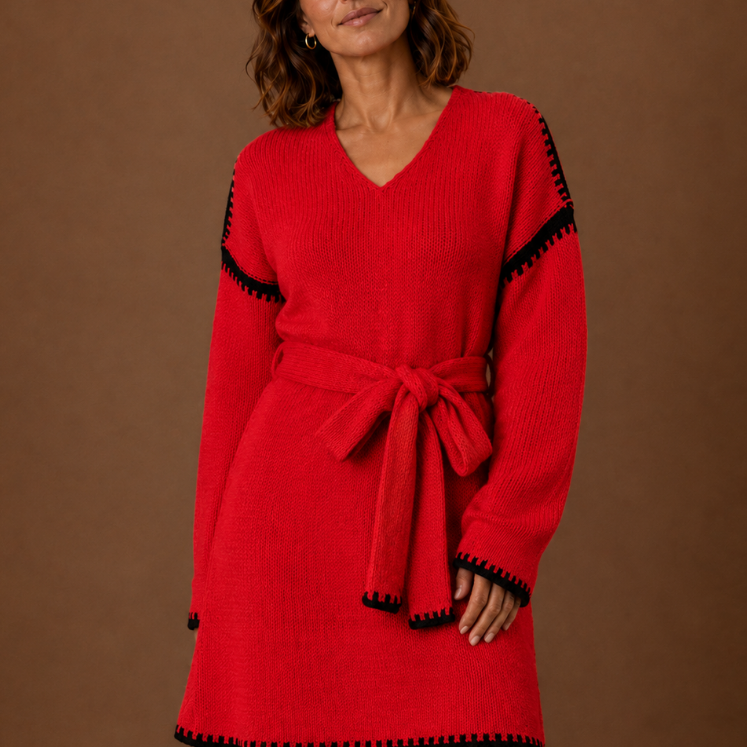 Somerset | Women's Belted Knit Sweater Dress with Crochet Trim