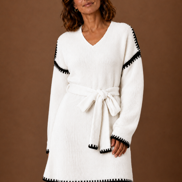 Somerset | Women's Belted Knit Sweater Dress with Crochet Trim