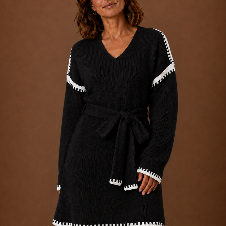 Somerset | Women's Belted Knit Sweater Dress with Crochet Trim
