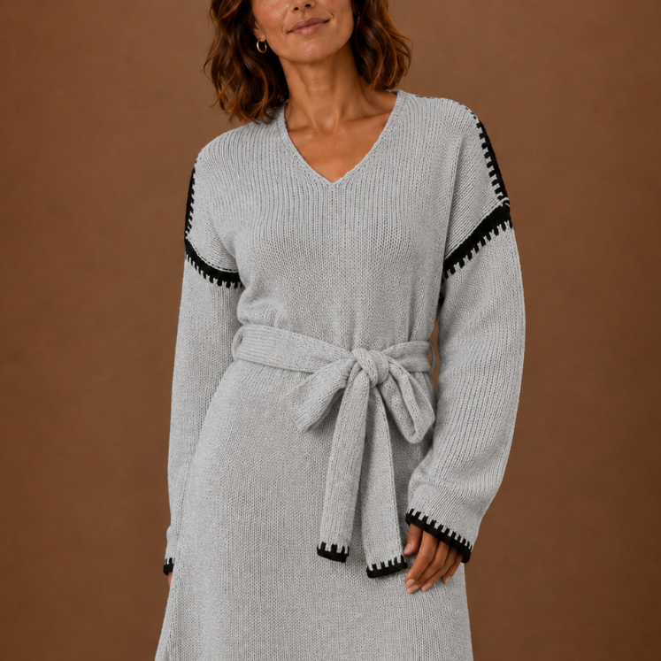 Somerset | Women's Belted Knit Sweater Dress with Crochet Trim