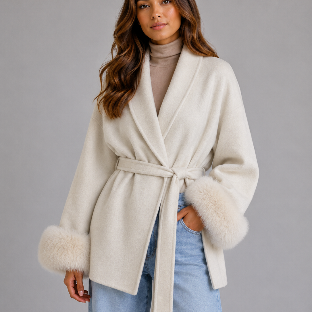 Genevieve | Women's Wool Wrap Coat with Faux Fur Cuffs