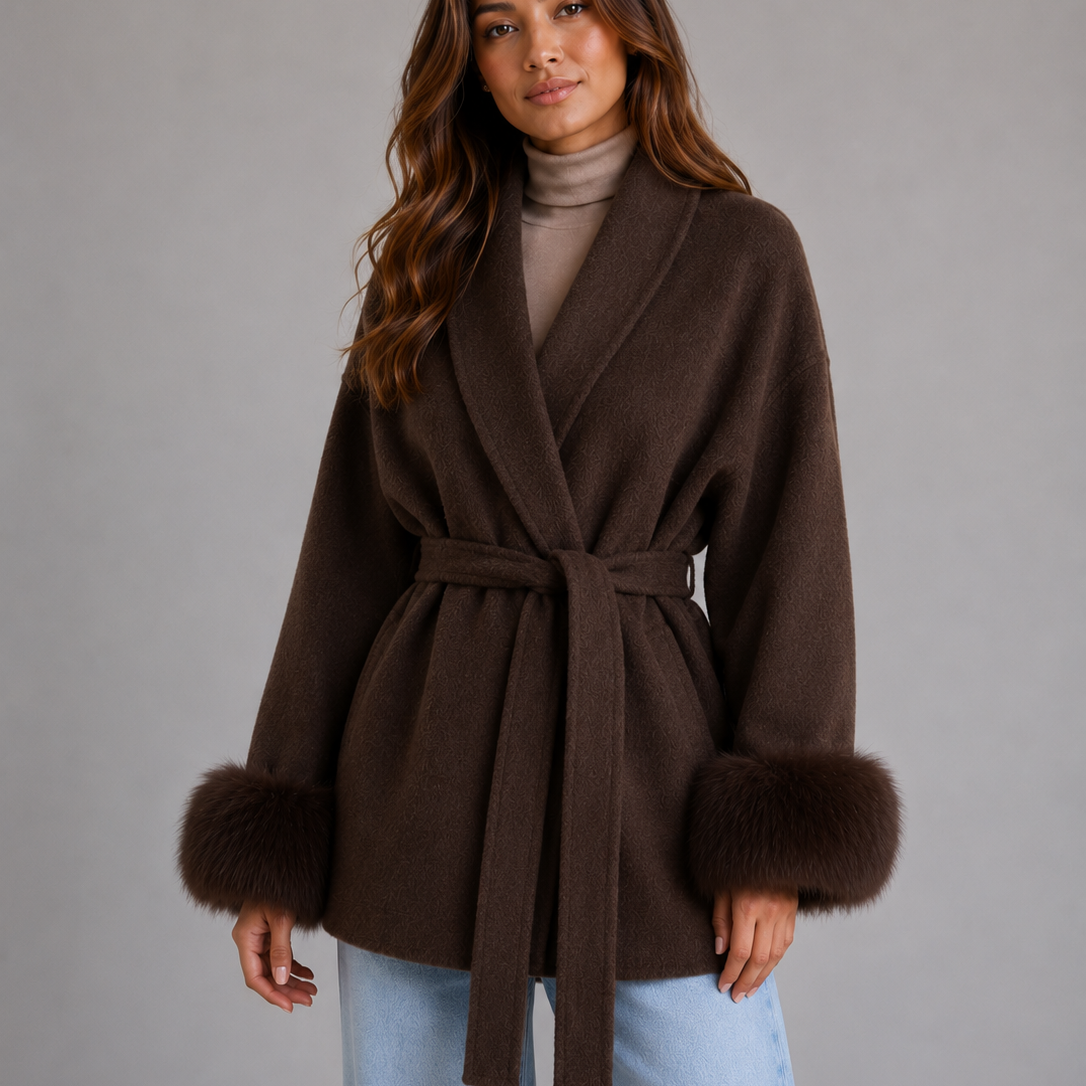 Genevieve | Women's Wool Wrap Coat with Faux Fur Cuffs